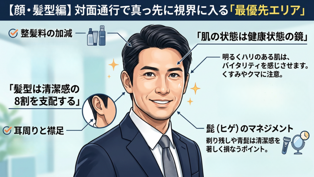 【顔・髪型編】対面通行で真っ先に視界に入る「最優先エリア」