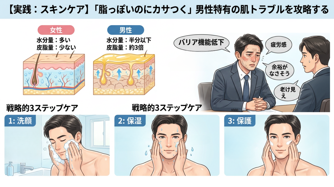 【実践:スキンケア】「脂っぽいのにカサつく」男性特有の肌トラブルを攻略する